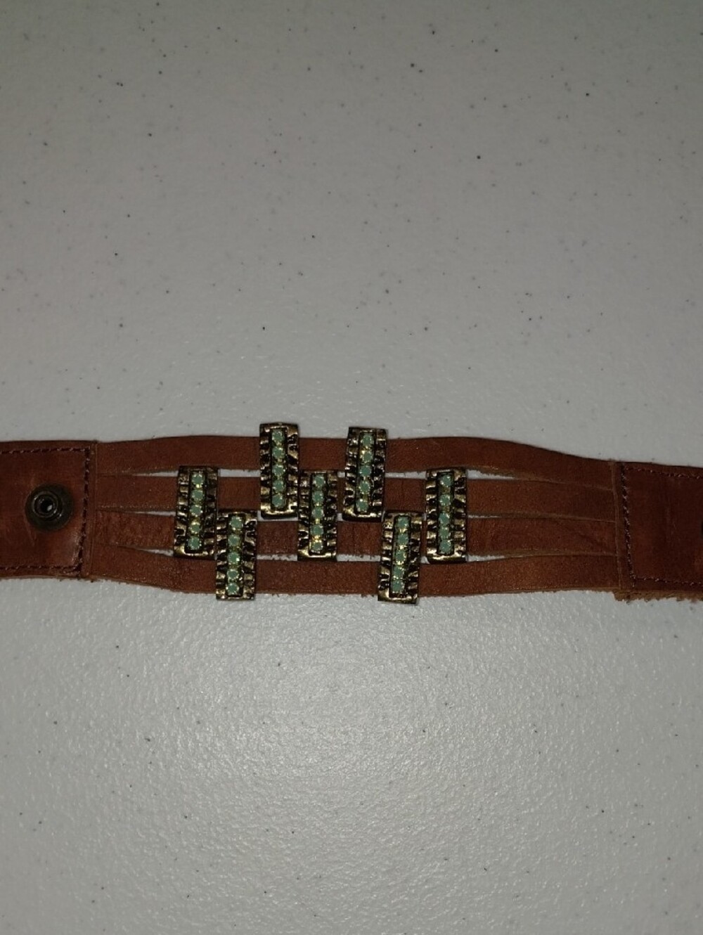Leatherock Tan Leather Cuff Bracelet with Blue Crystals And Brass LR Logo